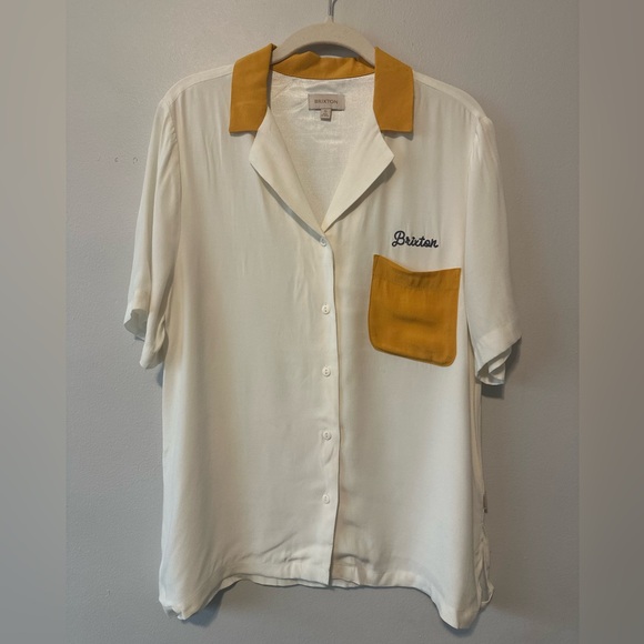 Brixton Tops - Brixton Cream Short Sleeve Button-Up with Mustard Collar & Pocket